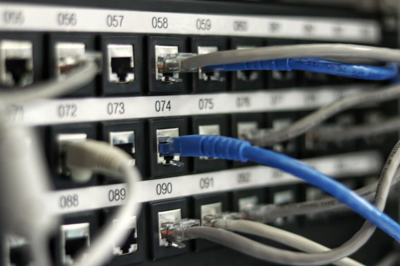 Cabos de rede organizados em um rack de servidores